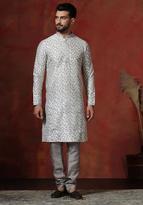 Grey Printed Dupion Kurta Churidar Set For Men