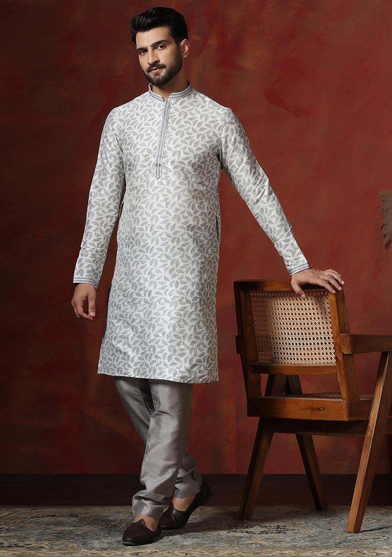 Grey Printed Dupion Kurta Churidar Set For Men - Indya
