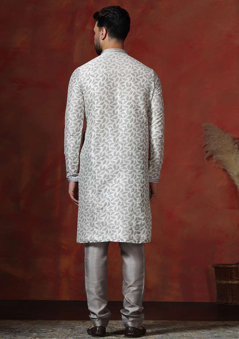 Grey Printed Dupion Kurta For Men - Indya