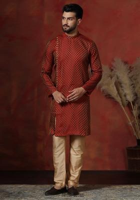 Maroon Printed Cotton Blend Kurta Pyjama Set For Men