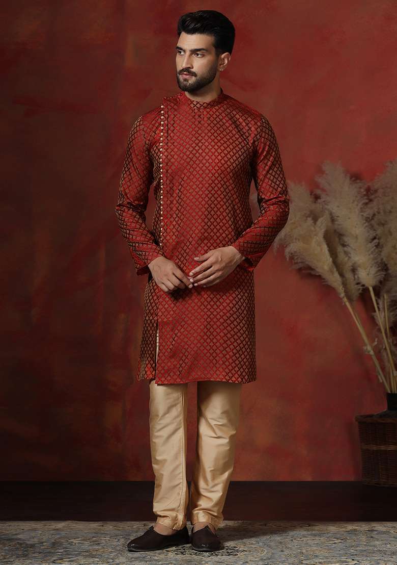 Maroon Printed Cotton Blend Kurta For Men - Indya