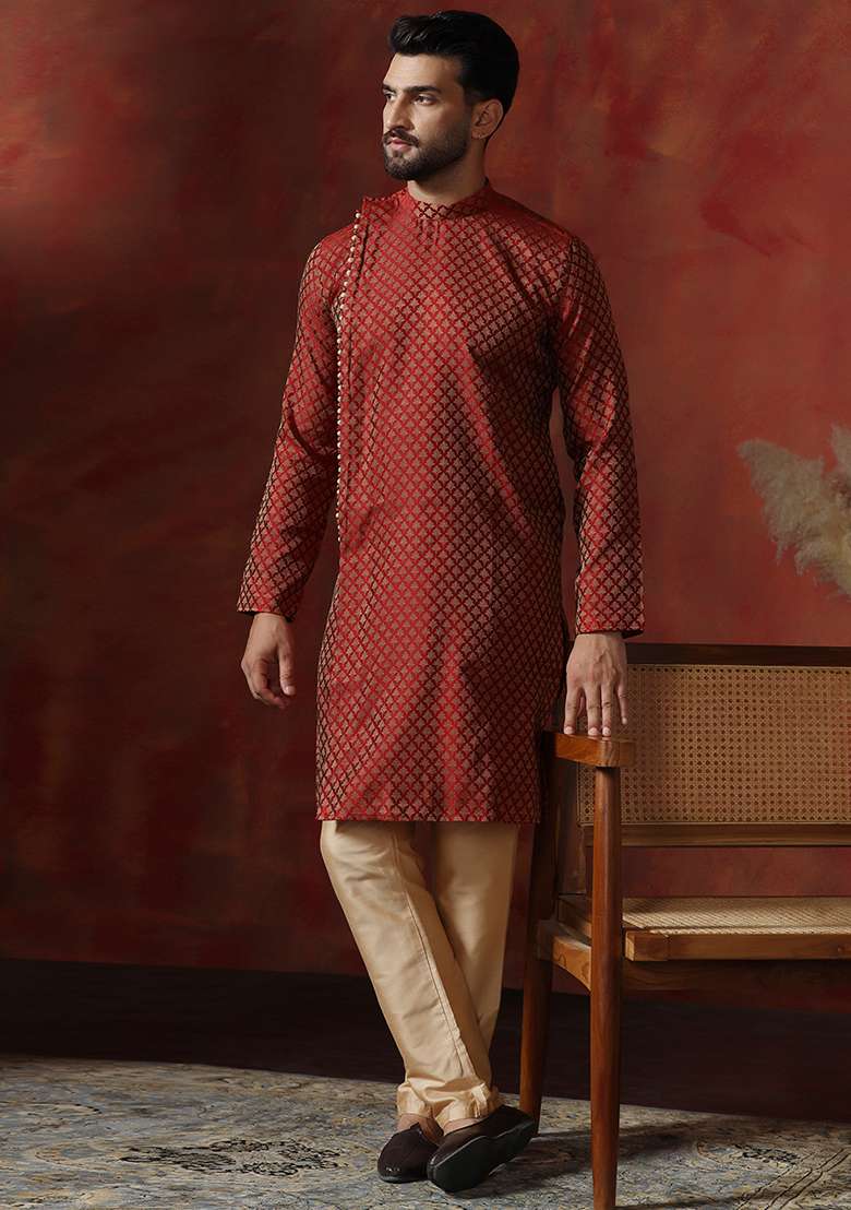Maroon Printed Cotton Blend Kurta For Men - Indya
