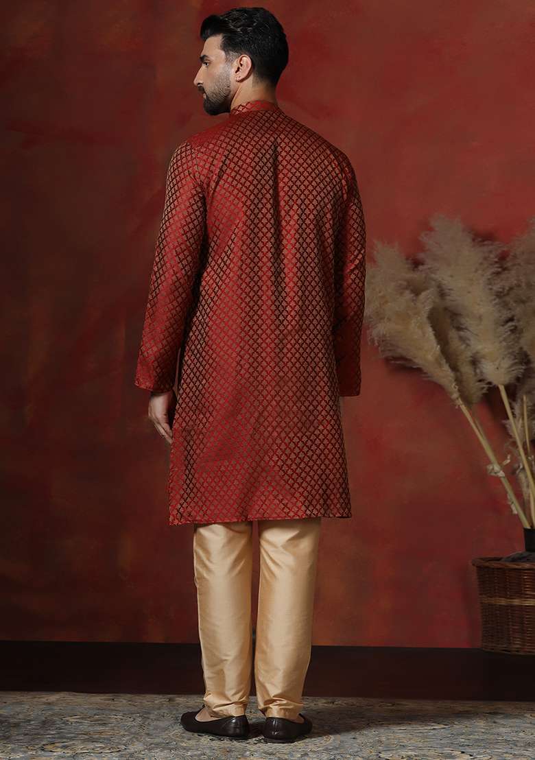 Maroon Printed Cotton Blend Kurta For Men - Indya