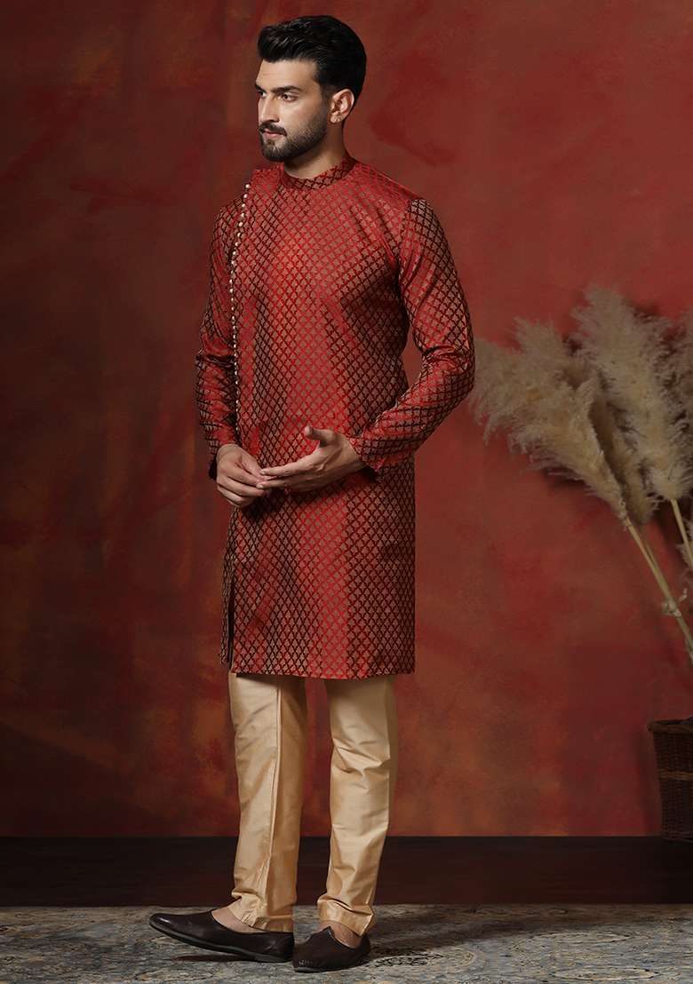 Maroon Printed Cotton Blend Kurta For Men - Indya