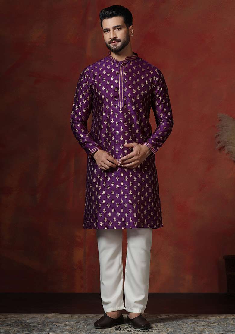 Purple Printed Dupion Kurta For Men - Indya