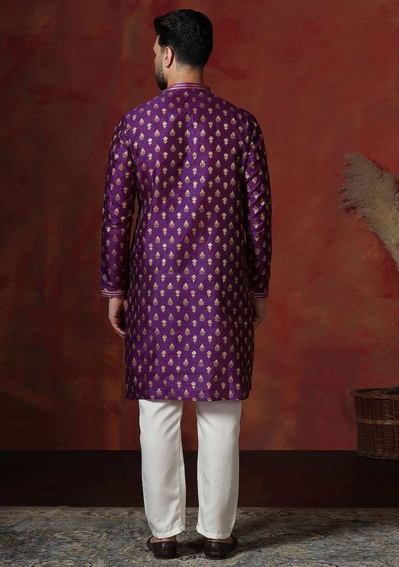 Purple Printed Dupion Kurta For Men - Indya