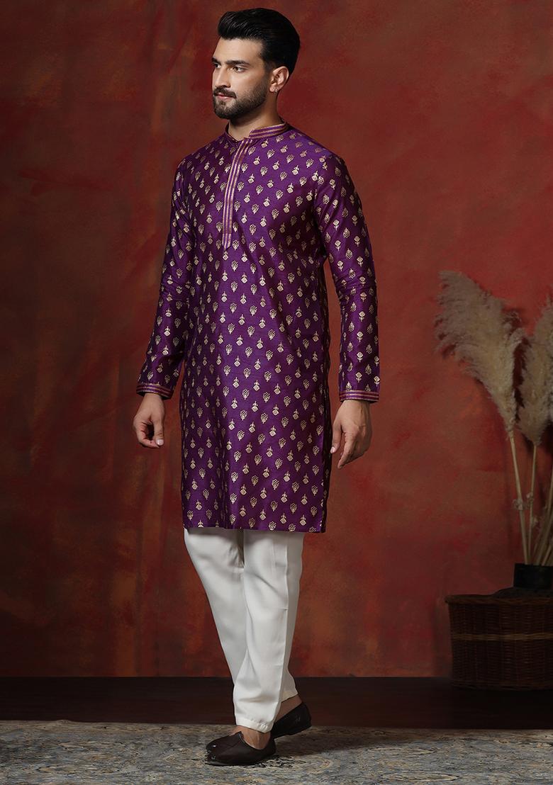 Purple Printed Dupion Kurta Pyjama Set For Men - Indya