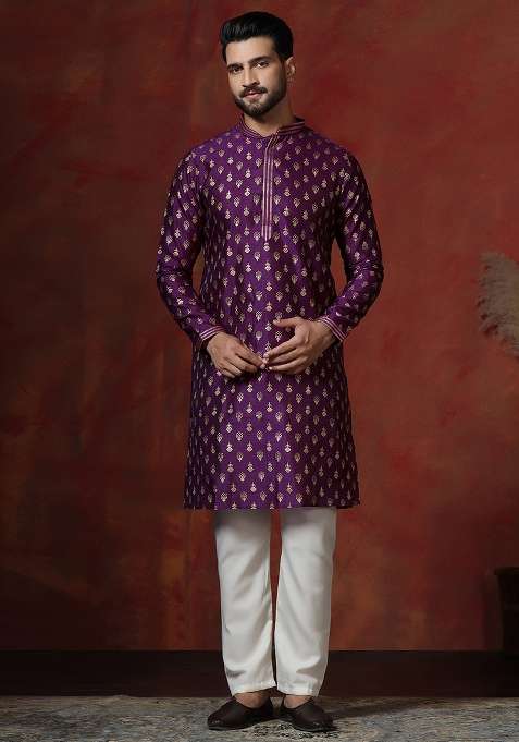 Purple Printed Dupion Kurta For Men