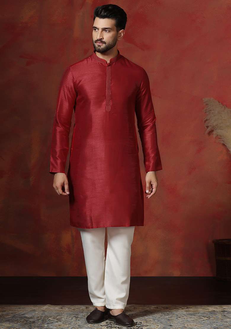 Red Solid Dupion Kurta For Men - Indya
