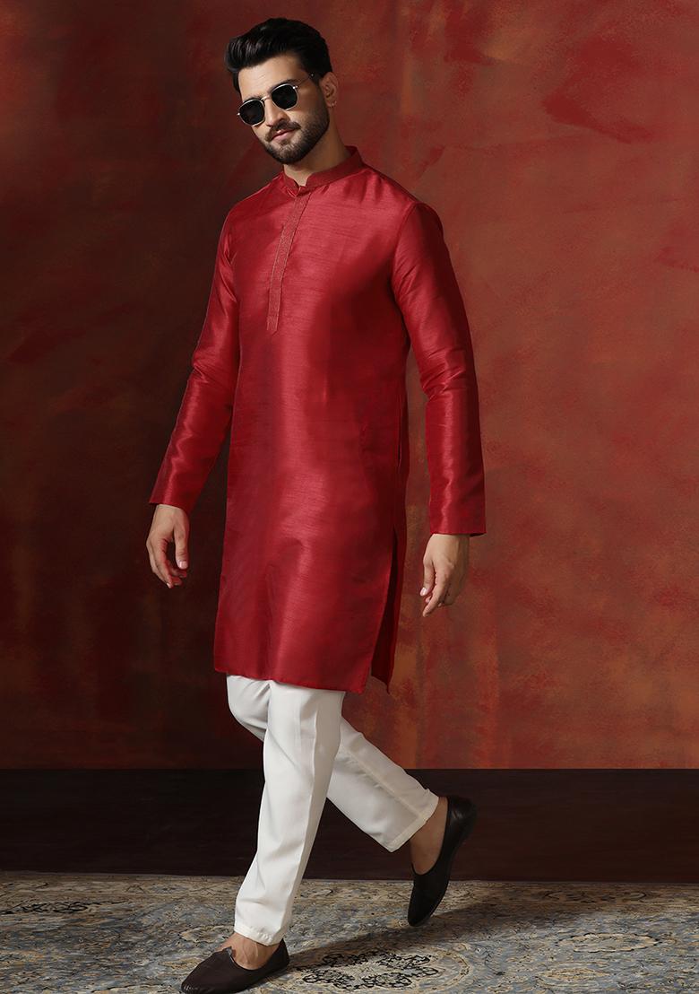 Red Solid Dupion Kurta Pyjama Set For Men - Indya