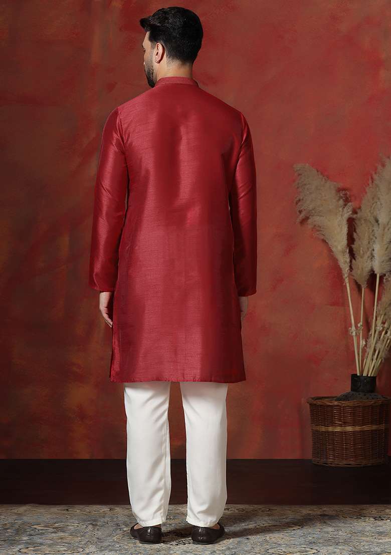 Red Solid Dupion Kurta For Men - Indya