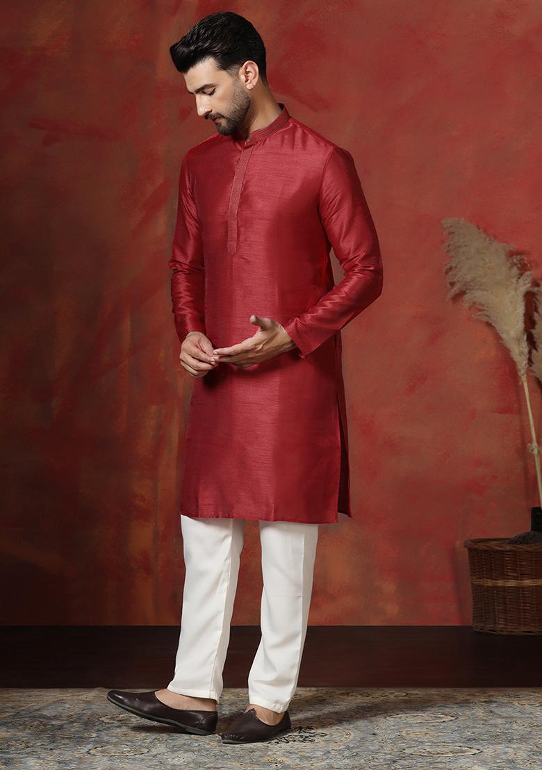 Red Solid Dupion Kurta Pyjama Set For Men - Indya