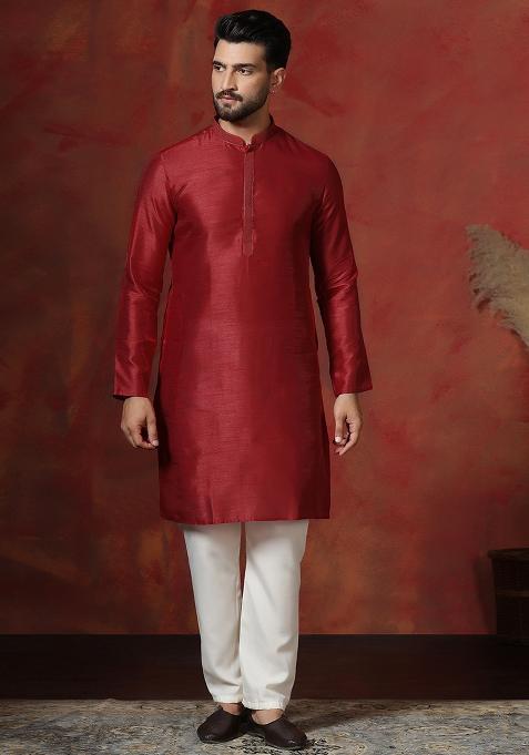 Red Solid Dupion Kurta For Men — view on Indya