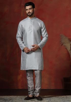 Grey Embroidery Bangalorian Silk Kurta Churidar Set For Men