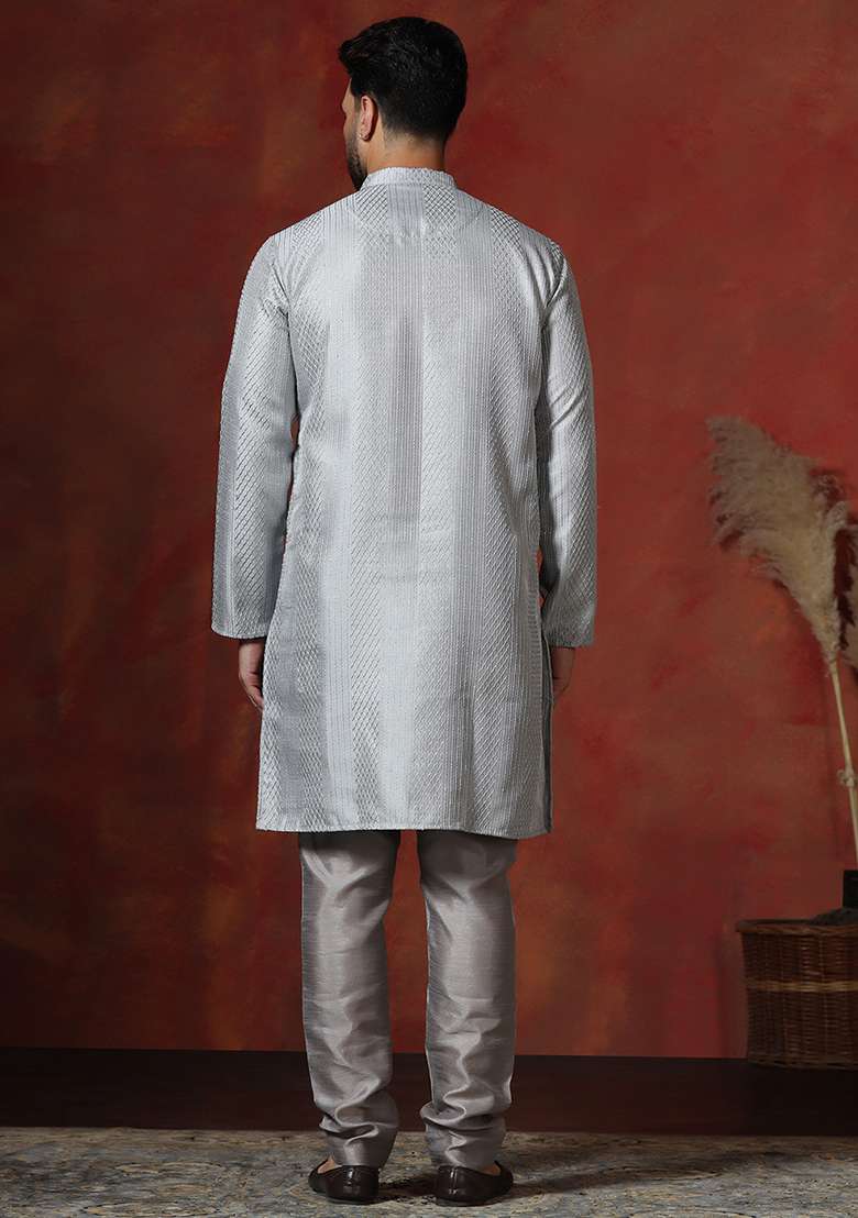 Grey Embroidery Bangalorian Silk Blend Kurta For Men - Indya