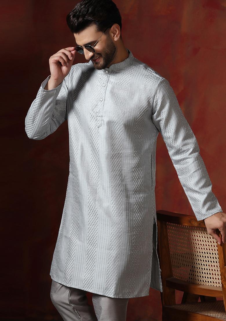 Grey Embroidery Bangalorian Silk Kurta Churidar Set For Men - Indya