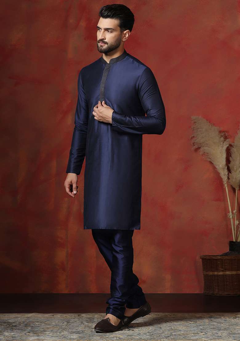 Navy Blue Solid Dupion Kurta For Men - Indya