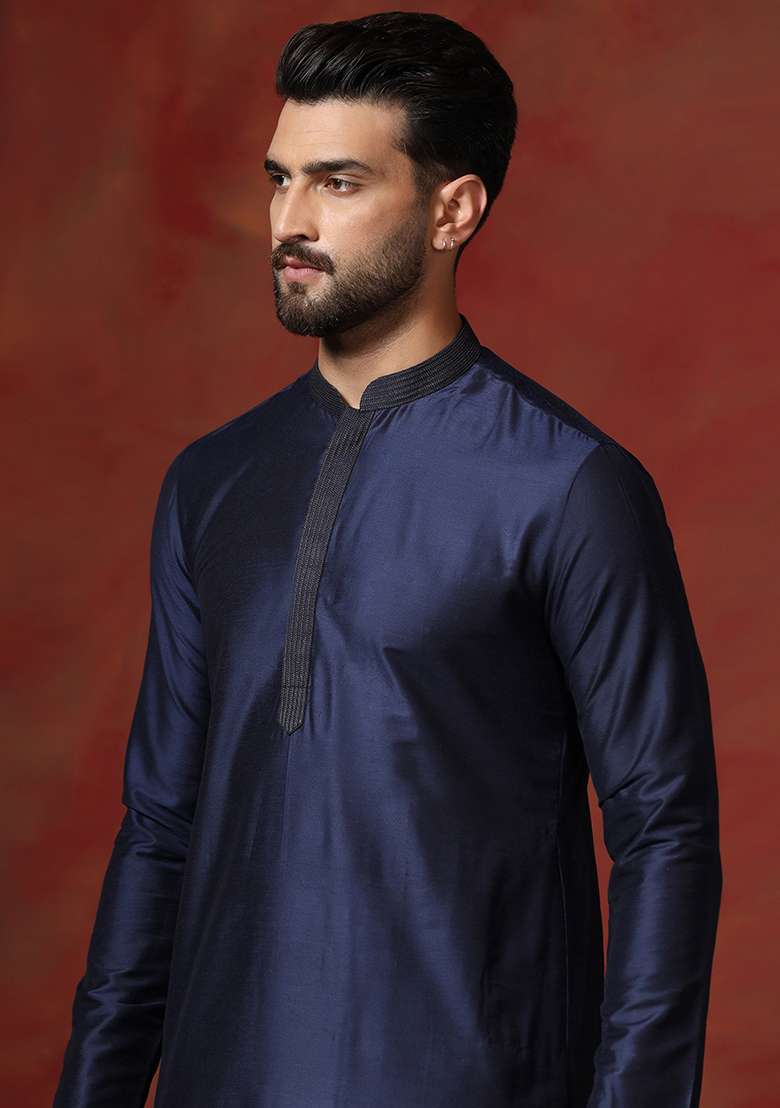 Navy Blue Solid Dupion Kurta For Men - Indya