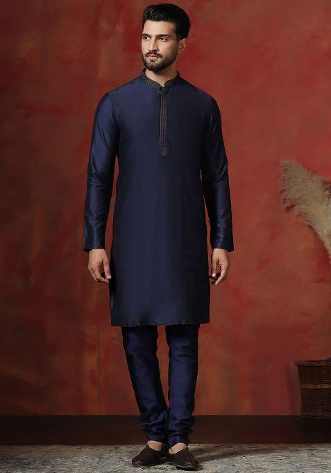 Navy Blue Solid Dupion Kurta For Men