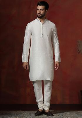 Cream Solid Dupion Kurta Churidar Set For Men