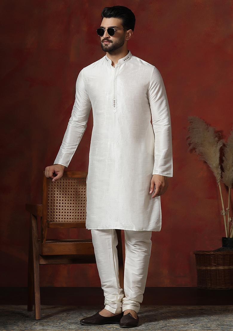 Cream Solid Dupion Kurta Churidar Set For Men - Indya