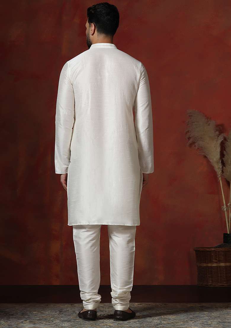 Cream Solid Dupion Kurta For Men - Indya