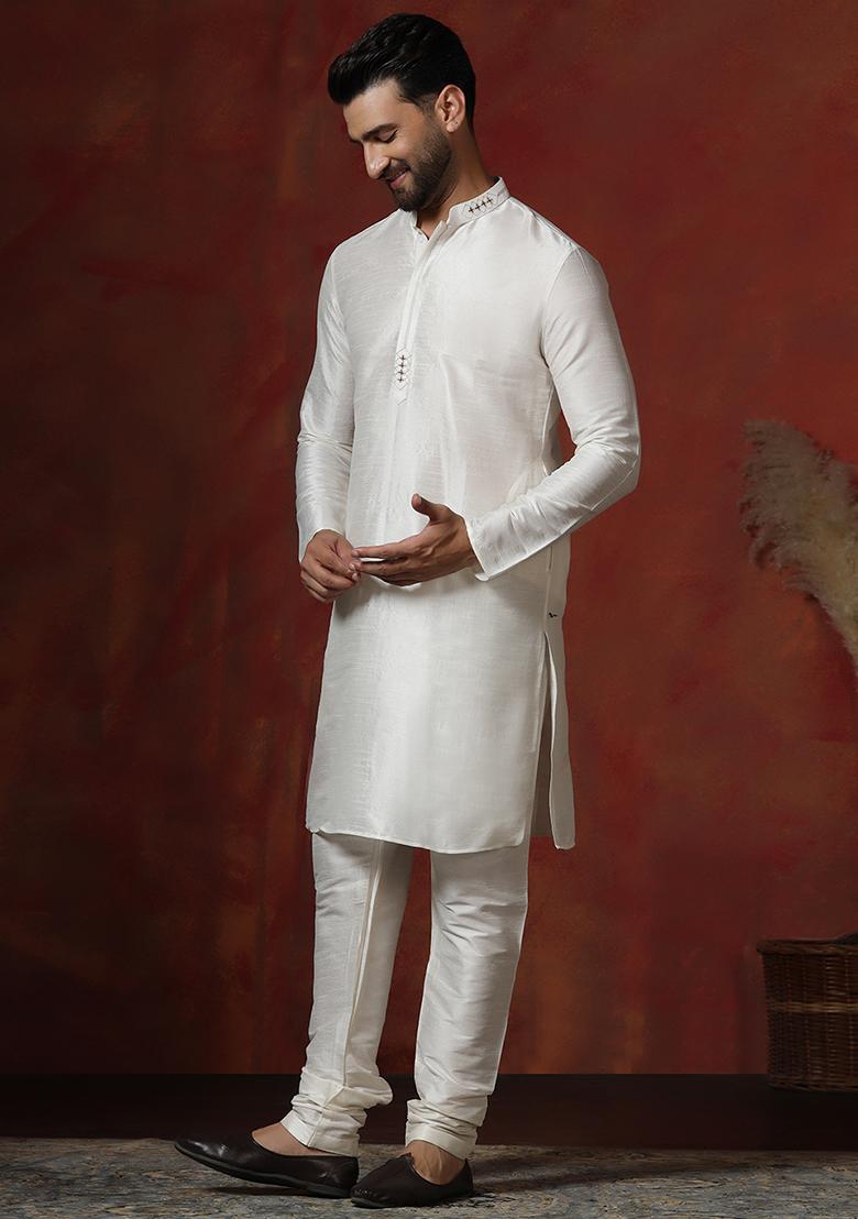Cream Solid Dupion Kurta Churidar Set For Men - Indya