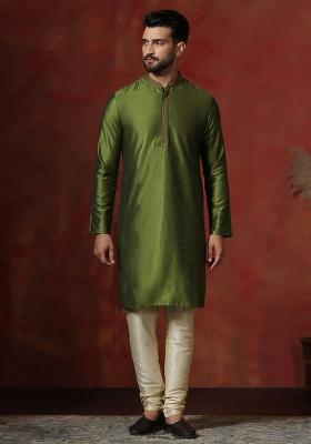 Green Solid Dupion Kurta Churidar Set For Men
