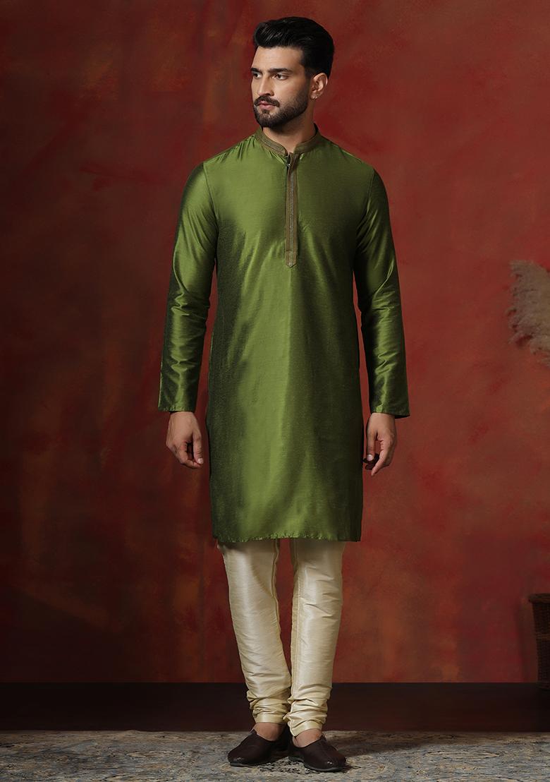 Green Solid Dupion Kurta For Men