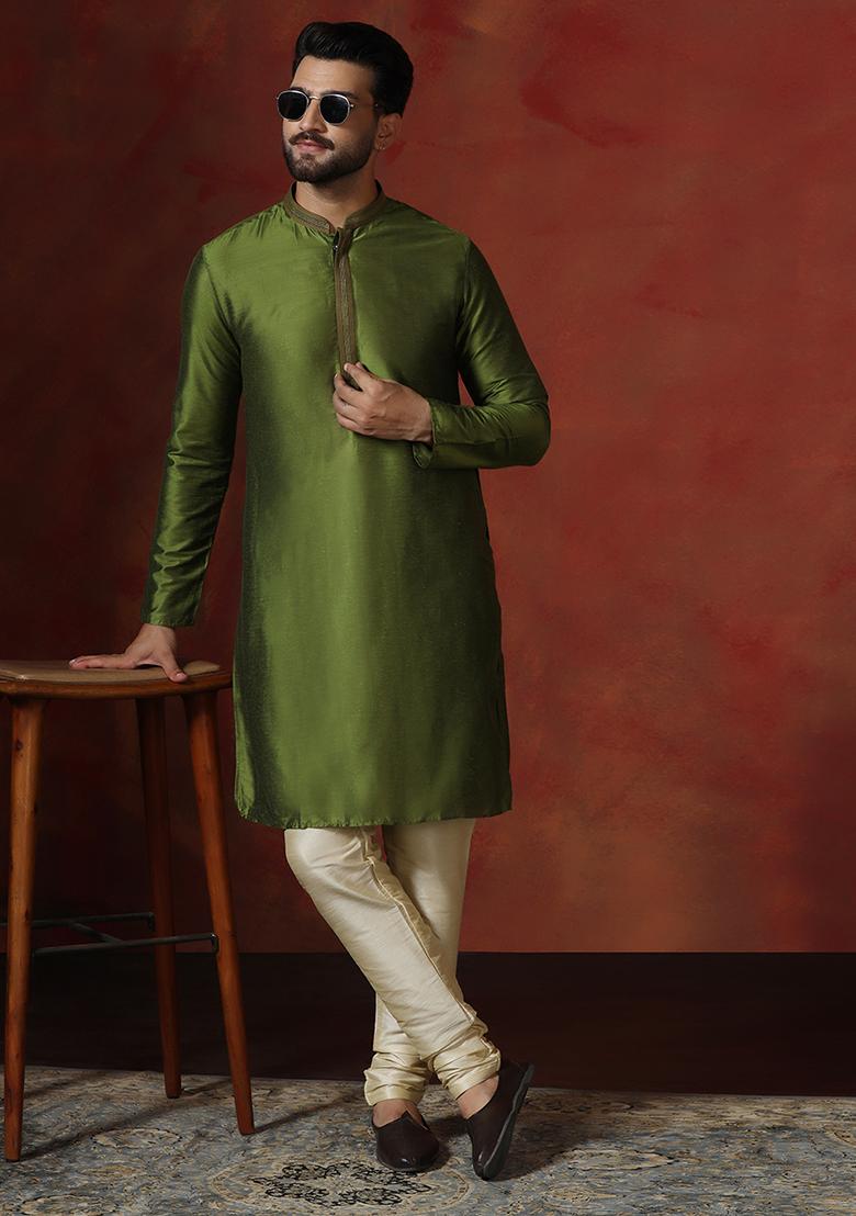 Green Solid Dupion Kurta Churidar Set For Men - Indya