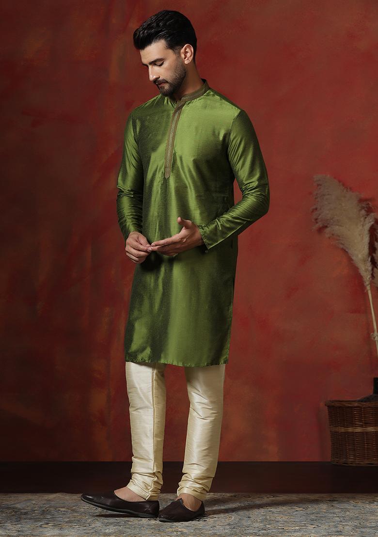 Green Solid Dupion Kurta Churidar Set For Men - Indya