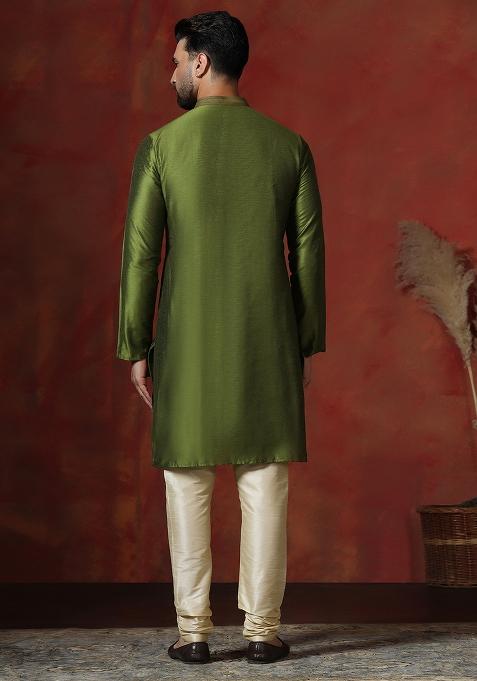 Green Solid Dupion Kurta For Men