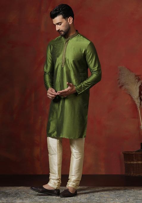 Green Solid Dupion Kurta For Men