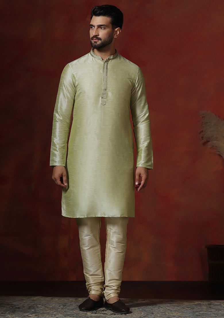 Green Solid Dupion Kurta For Men