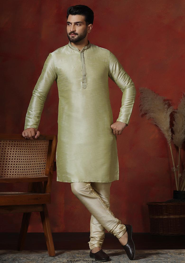 Green Solid Dupion Kurta Churidar Set For Men - Indya