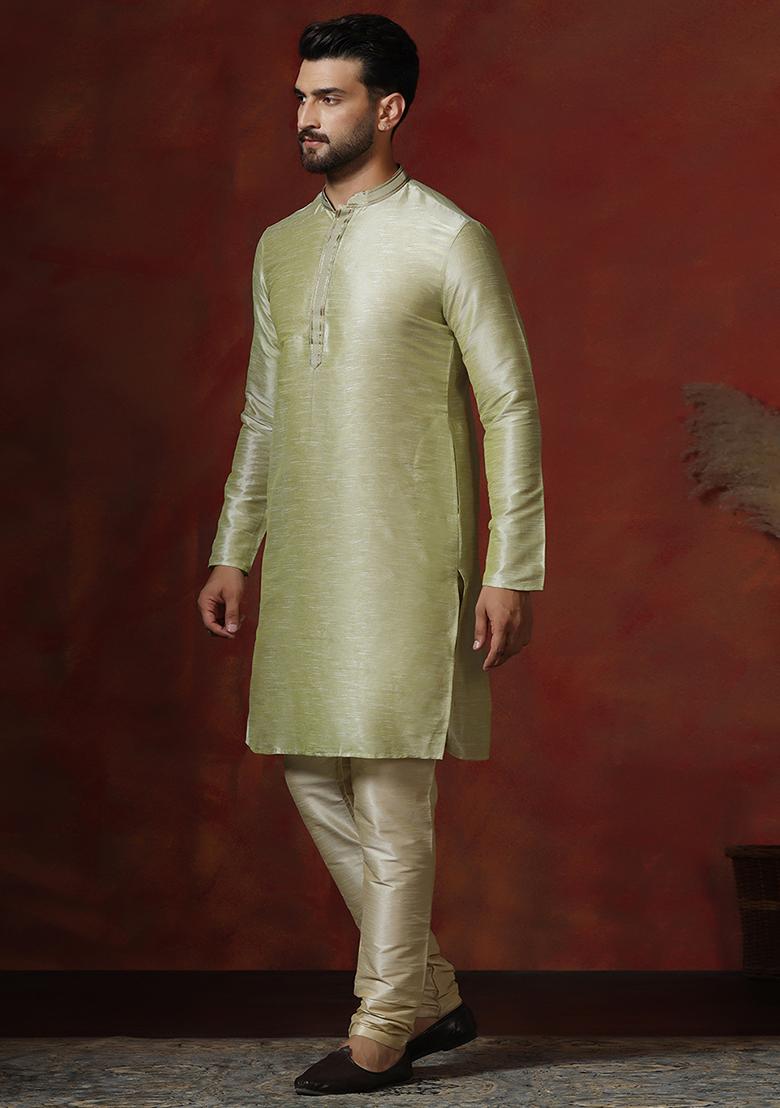 Green Solid Dupion Kurta Churidar Set For Men - Indya