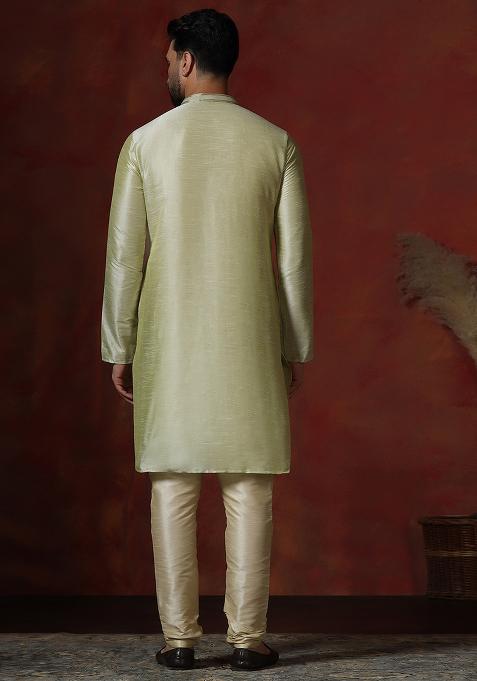 Green Solid Dupion Kurta For Men