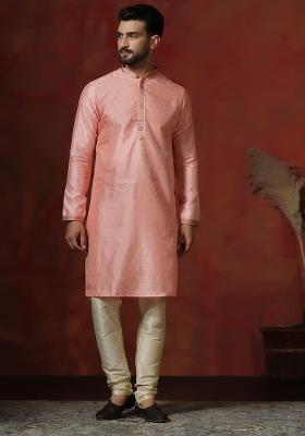 Peach Printed Dupion Kurta Churidar Set For Men
