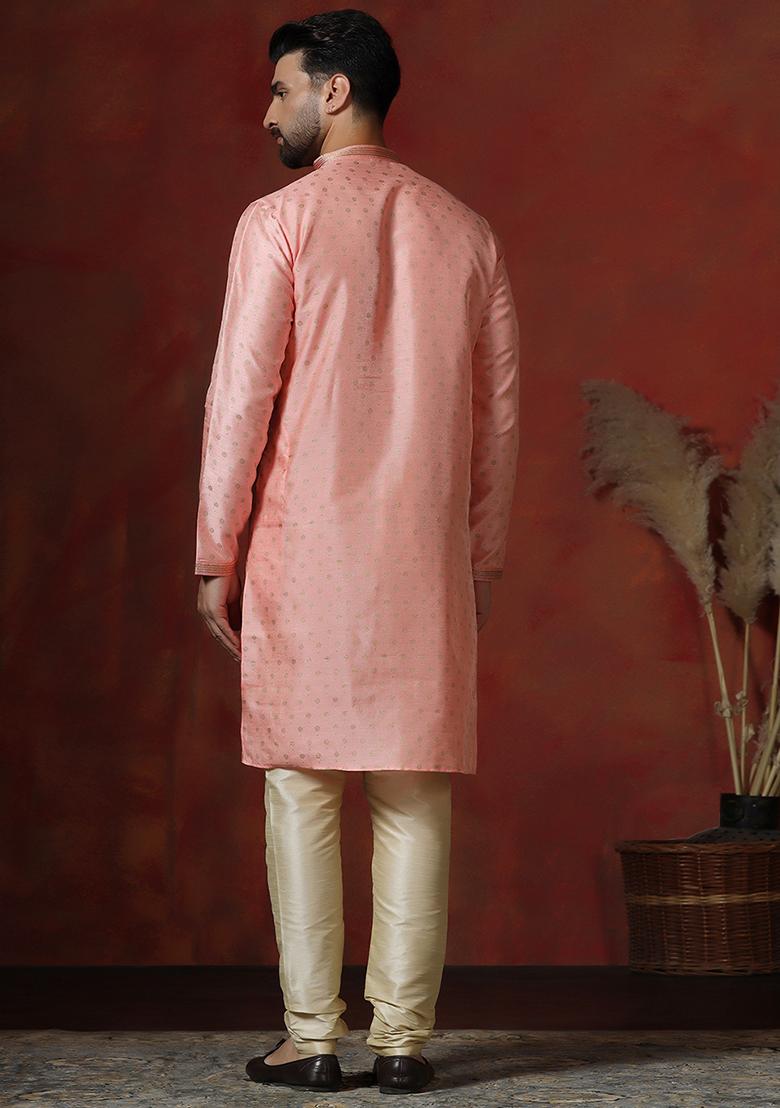 Peach Printed Dupion Kurta For Men