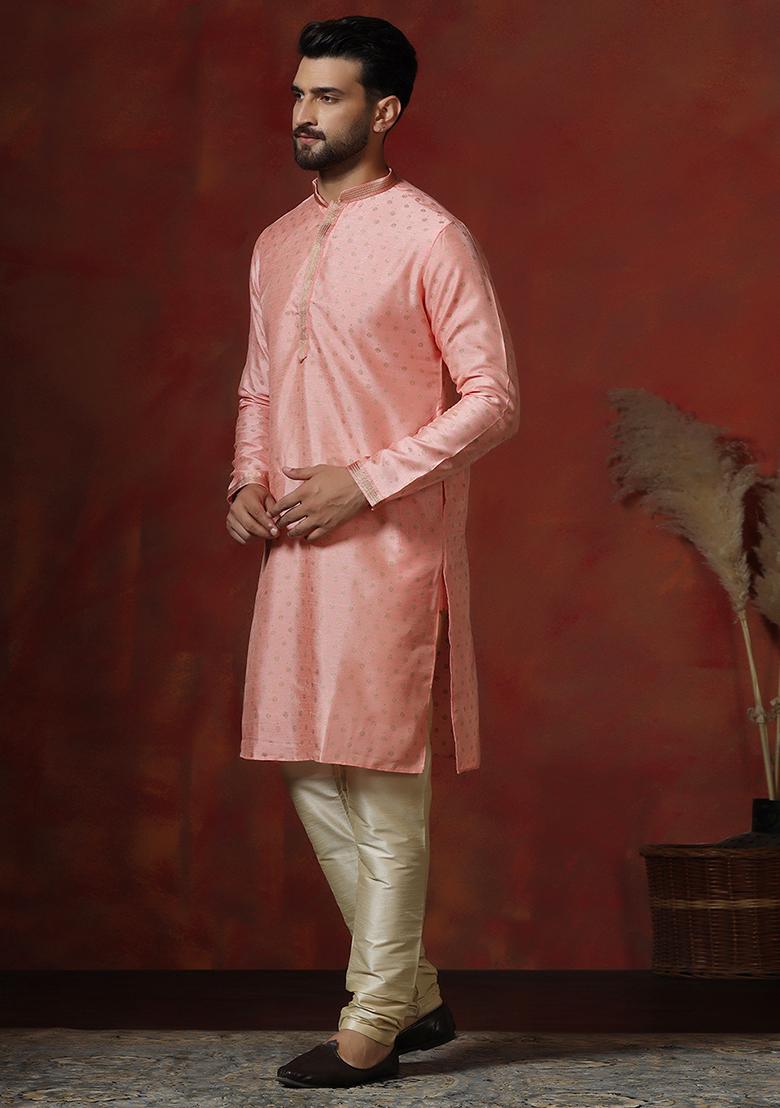 Peach Printed Dupion Kurta Churidar Set For Men - Indya