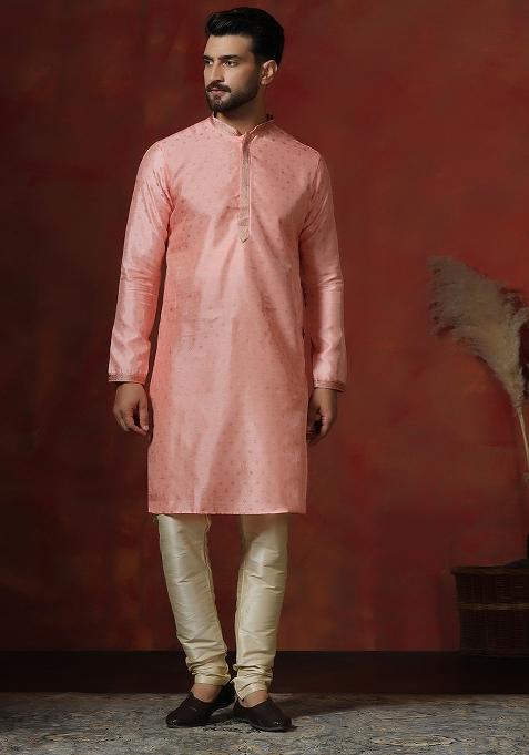 Peach Printed Dupion Kurta For Men