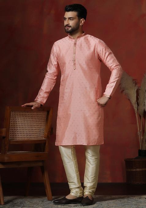 Peach Printed Dupion Kurta For Men