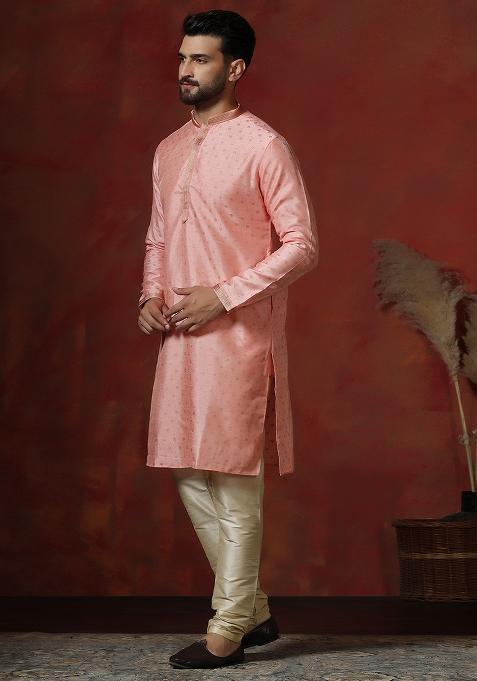 Peach Printed Dupion Kurta For Men