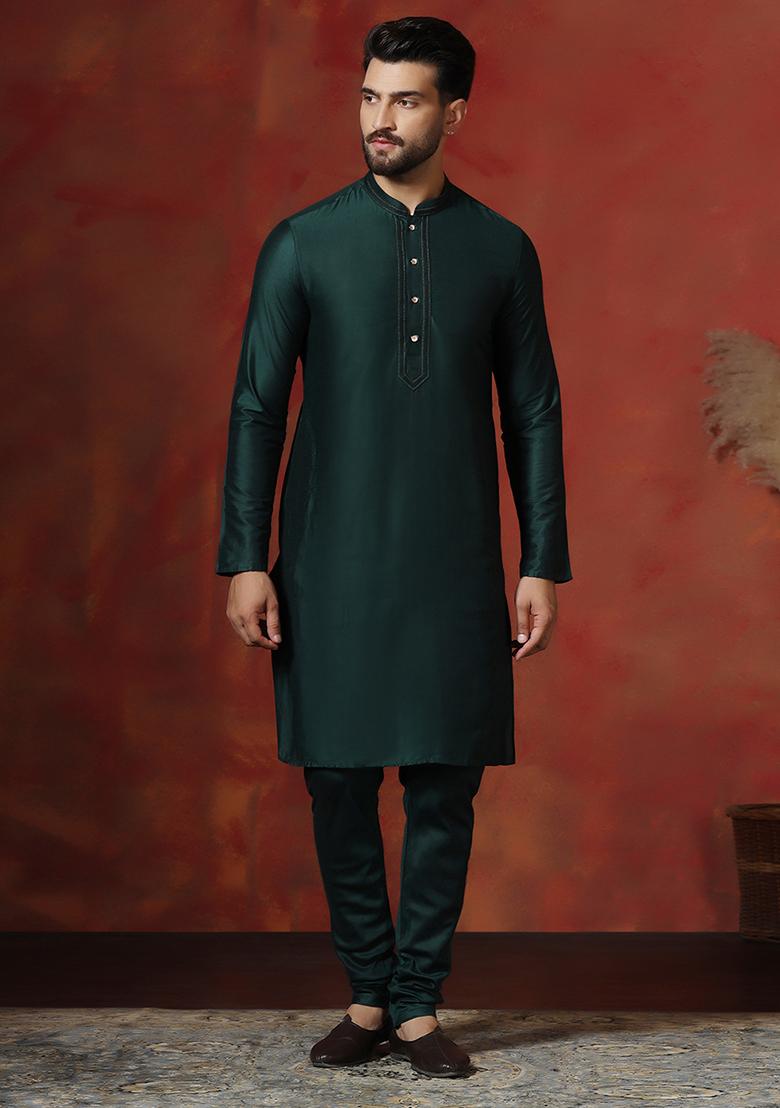 Green Solid Dupion Kurta For Men