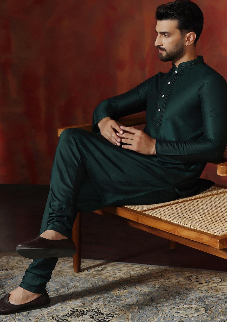 Green Solid Dupion Kurta Churidar Set For Men - Indya