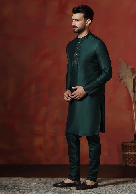 Green Solid Dupion Kurta For Men