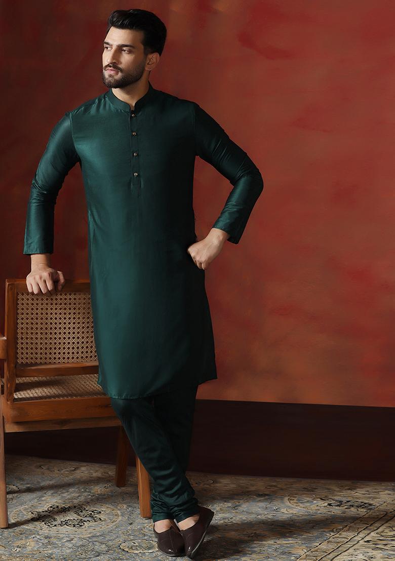 Green Solid Dupion Kurta Churidar Set For Men - Indya
