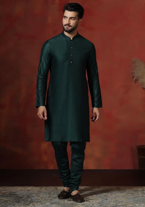 Green Solid Dupion Kurta For Men
