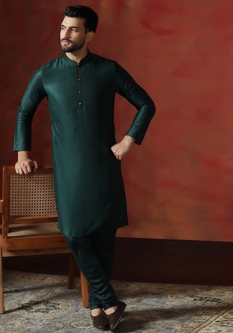 Green Solid Dupion Kurta For Men