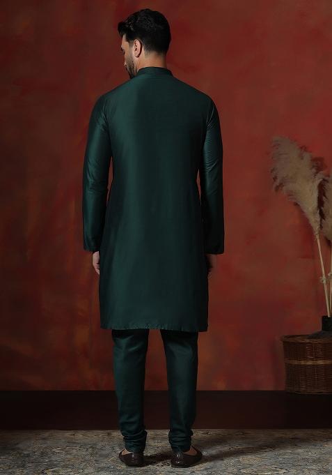 Green Solid Dupion Kurta For Men